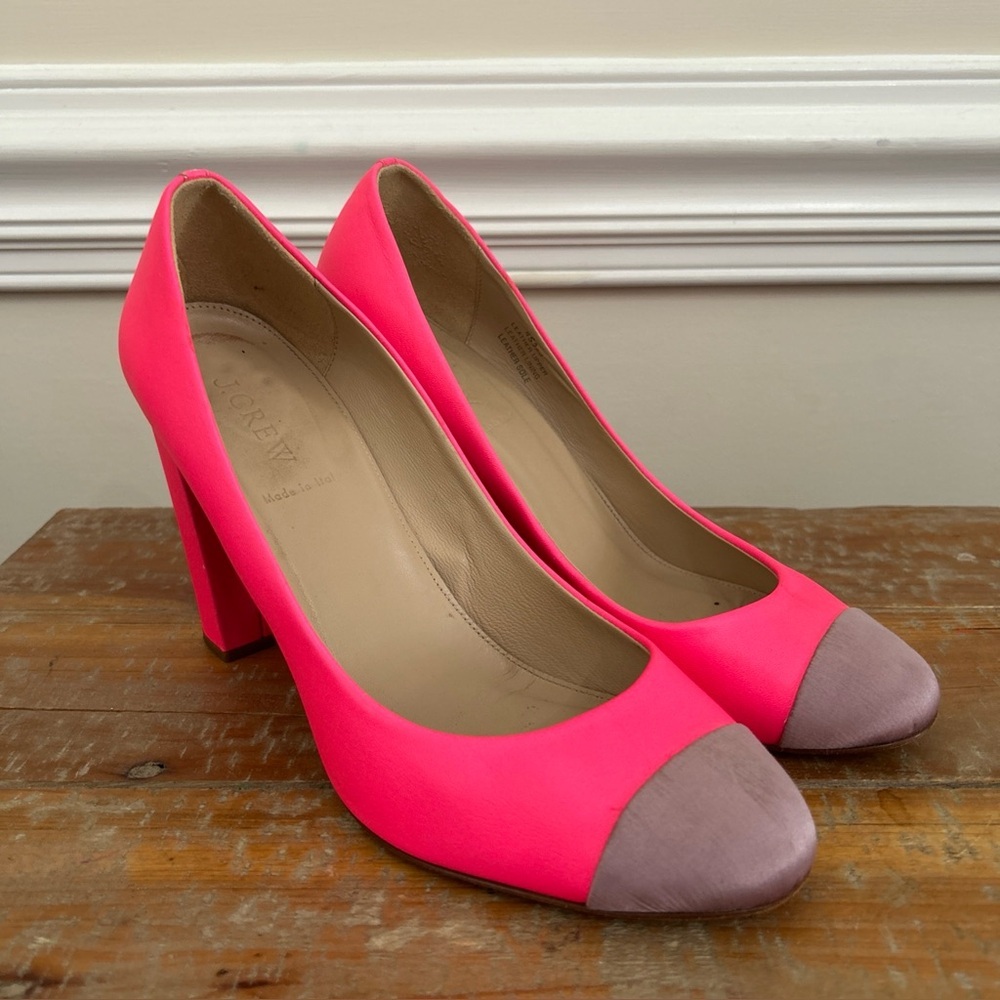 J CREW Size 10.5 Etta Pump Block Heel Leather Cap Toe Colorblock Pink Y2K Club